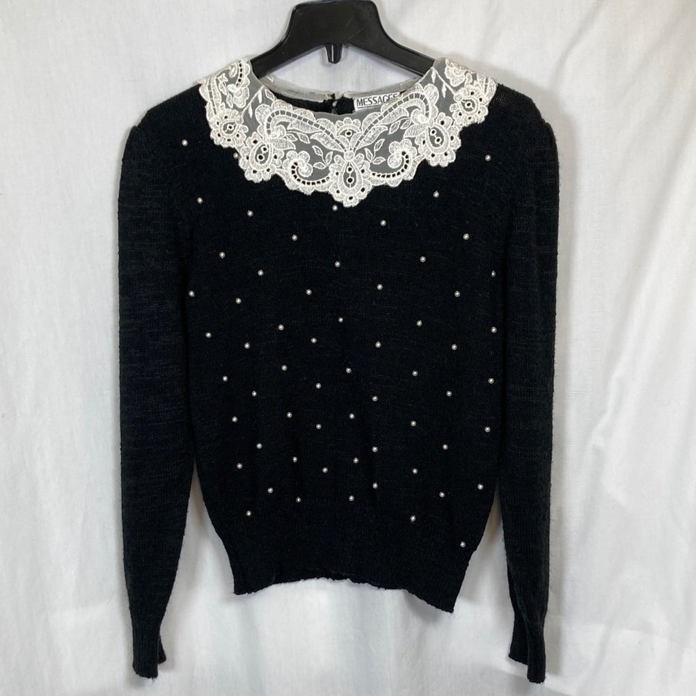Vintage Black Sweater with Faux Pearl Accents and Delicate Lace Color Sz M
